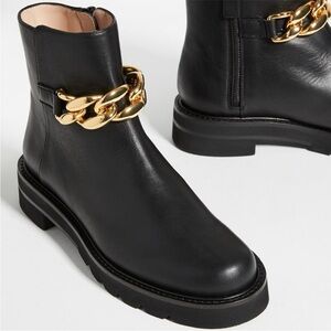 Stuart Weitzman Black Ankle Boots with Gold Chain